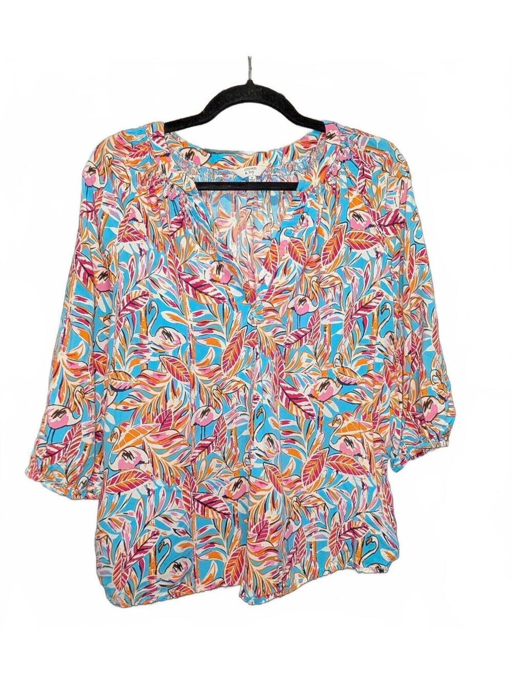 Crown & Ivy Medium Tropical Flamingo Print Blouse - Medium